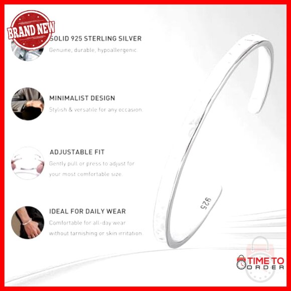 925 Sterling Silver Hammered Cuff Bangle Bracelet Minimalist Jewelry - Picture 4 of 7